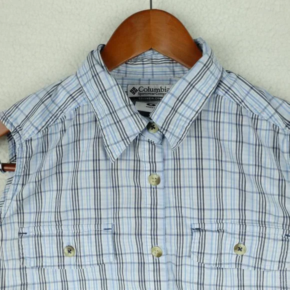 Columbia Womens Button Up Shirt Medium Blue Plaid Sleeveless Outdoor Classic - Picture 2 of 9